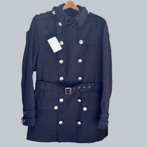 🆕 Balmain Navy Logo Button Belted Officer Trench Coat Size XL / US 46